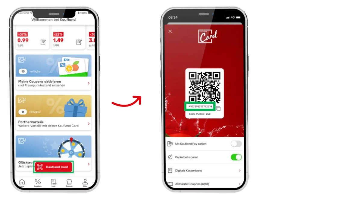 Smartphone mit Schritt für Schritt Anleitung um Kaufland Card Code in der Kaufland App anzuzeigen