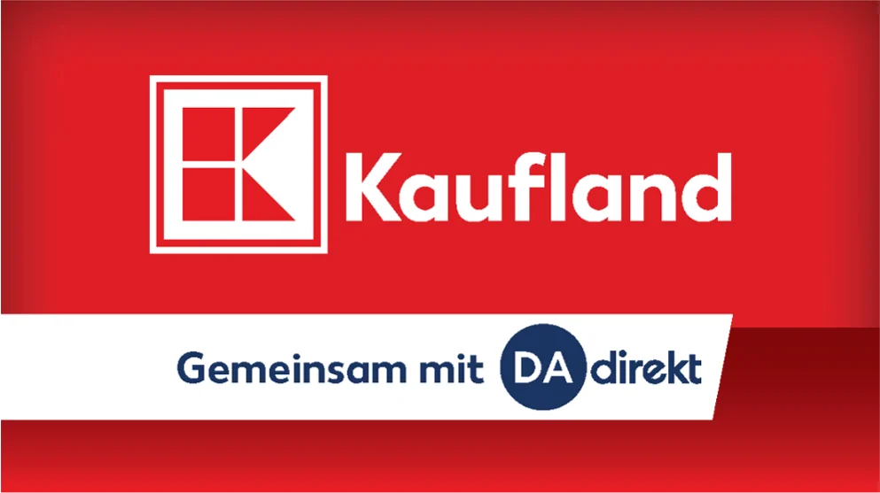 Kaufland gemeinsam mit DA Direkt vor rotem Hintergrund